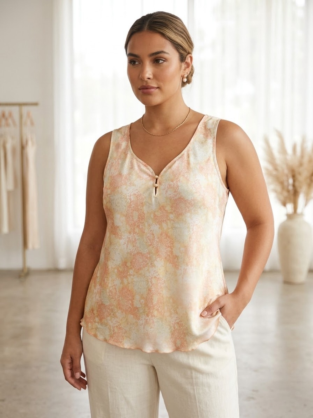 Source Unknown Peach Floral V-Neck Camisole